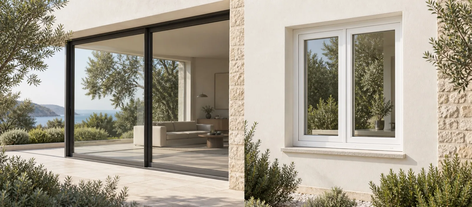 Comparación arquitectónica entre una gran corredera de aluminio de perfil fino y una ventana de PVC blanca.