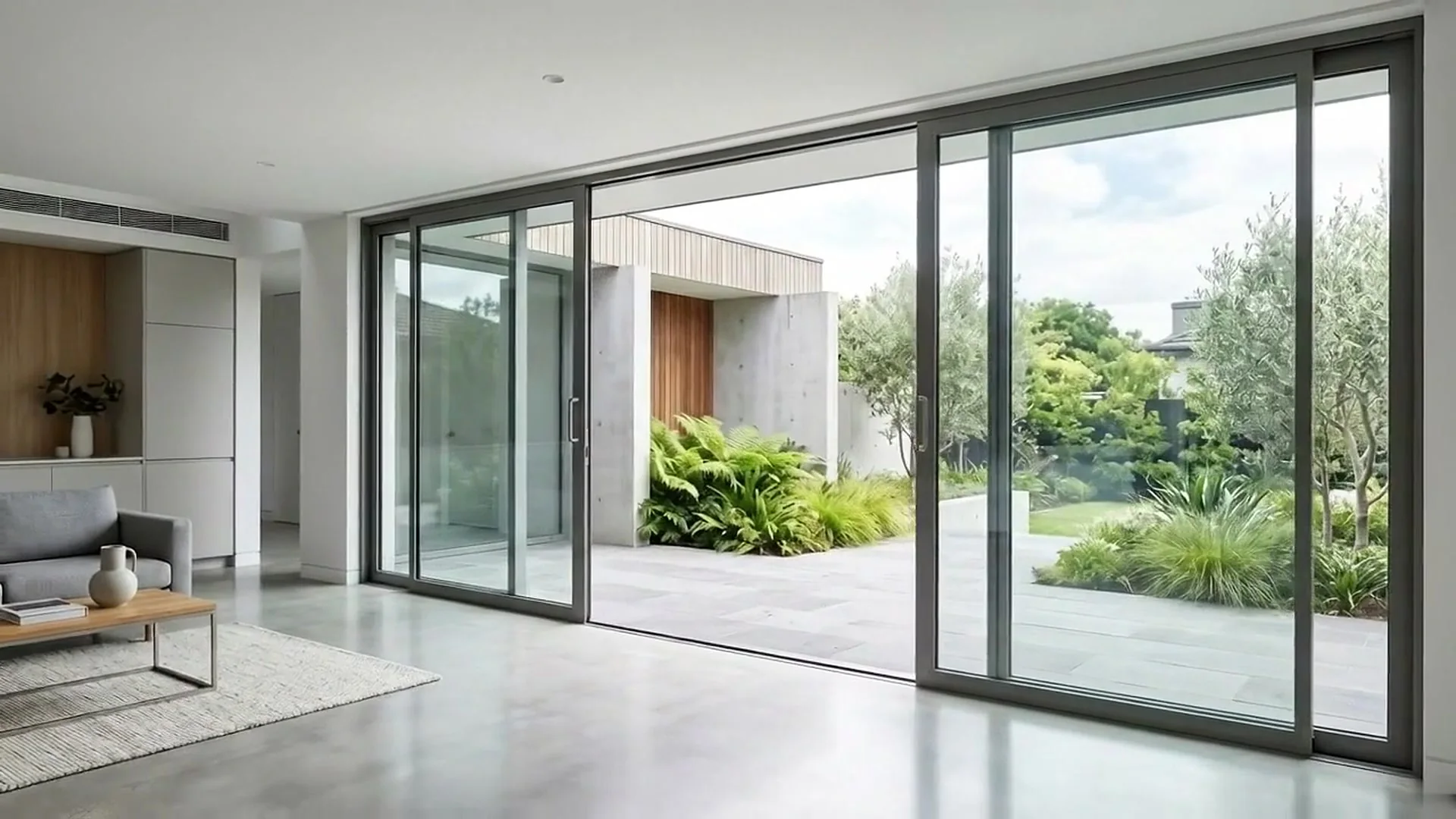 Gran apertura de aluminio con corredera minimalista abierta a un jardín